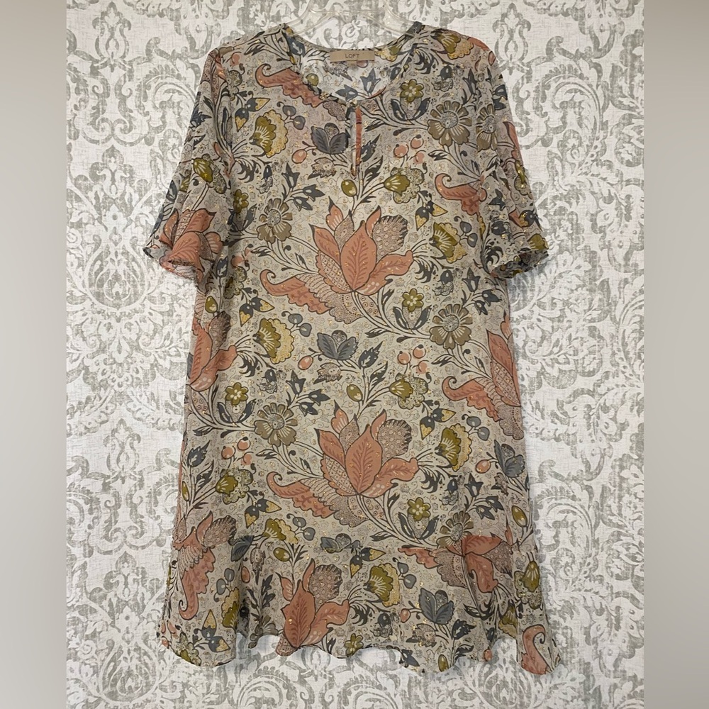 LOFT Flutter Flounce Shimmer Gold Swiss Dot Boho Feminine Floral Dress Pastel L - Picture 3 of 12